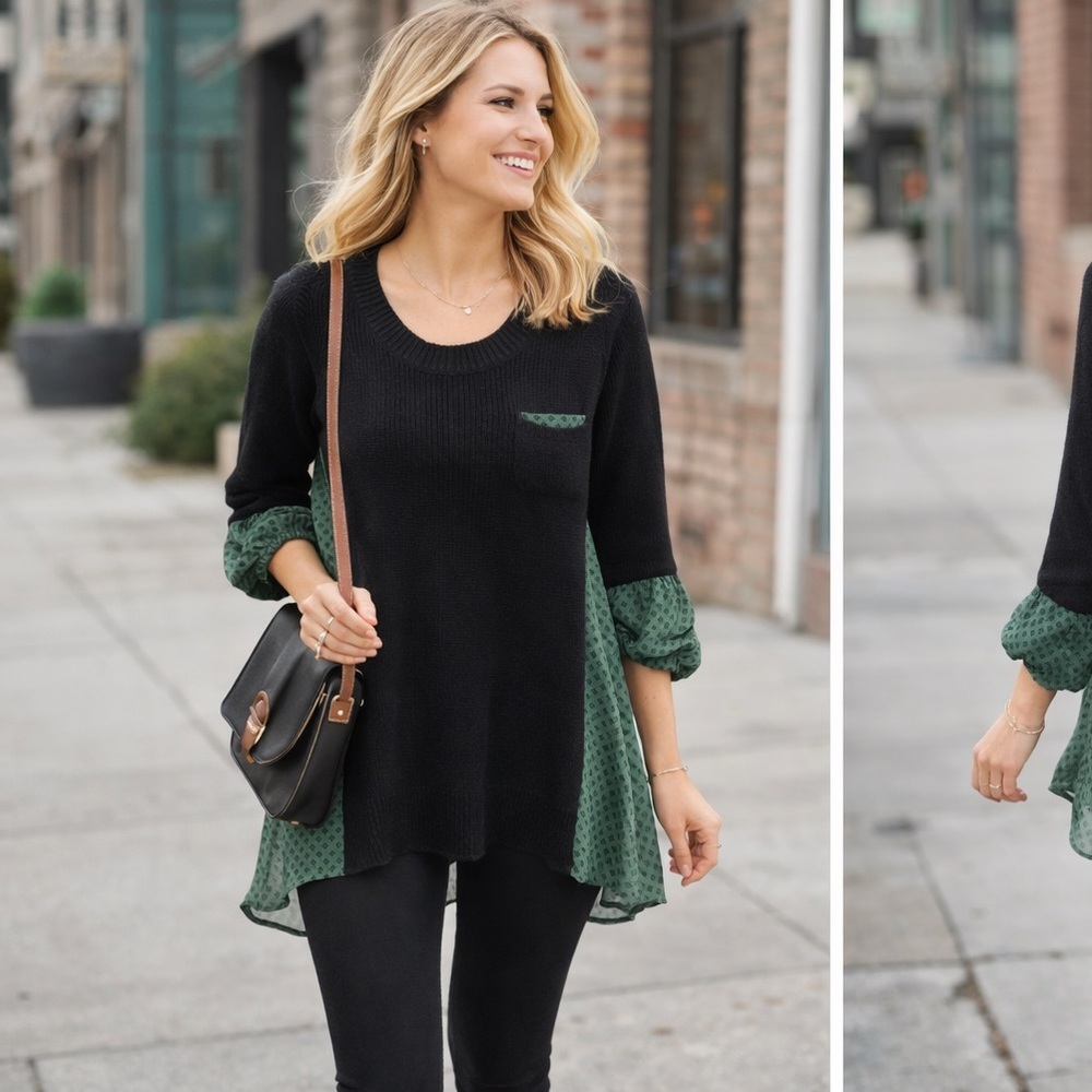 CAbi flowy high low Tunic with Green Patterned Lining sweater